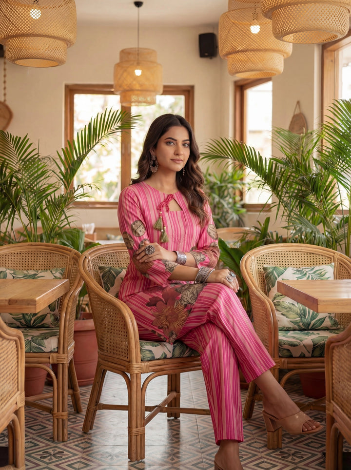 Pink Floral And Striped Print Straight Cotton Co-Ord Set-Yufta Store-7489CRDPKM