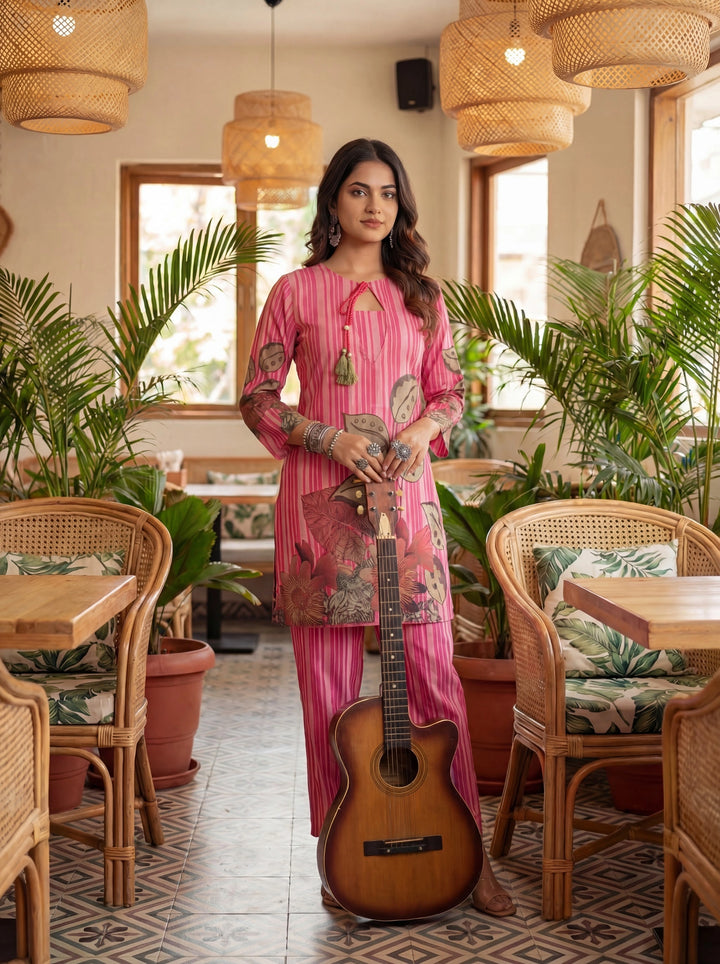 Pink Floral And Striped Print Straight Cotton Co-Ord Set-Yufta Store-7489CRDPKM