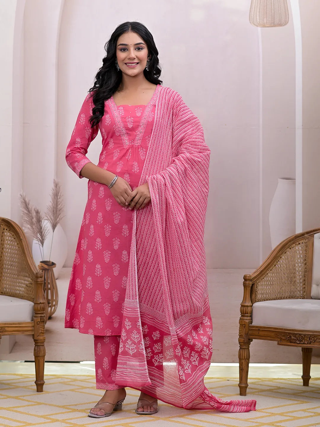 Pink Floral Cotton A-Line Suit Set-Yufta Store-7004SKDPKS