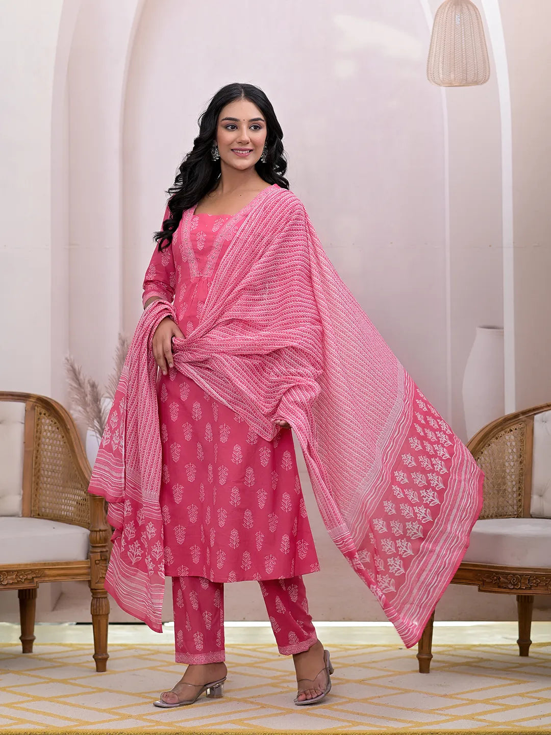 Pink Floral Cotton A-Line Suit Set-Yufta Store-7004SKDPKS