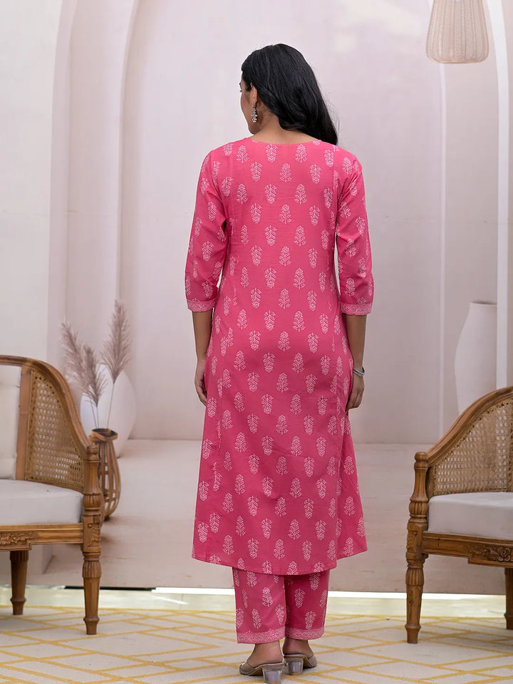 Pink Floral Cotton A-Line Suit Set-Yufta Store-7004SKDPKS