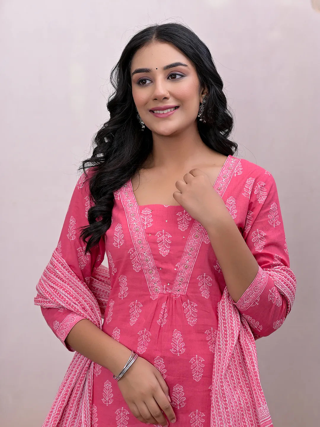 Pink Floral Cotton A-Line Suit Set-Yufta Store-7004SKDPKS