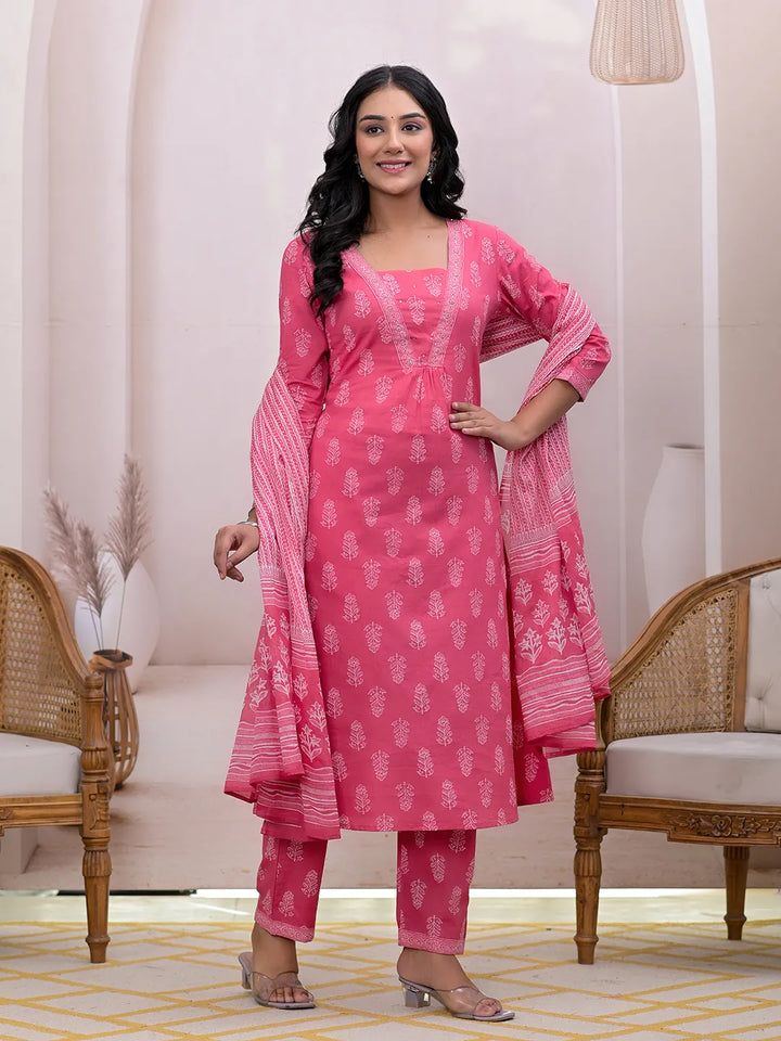 Pink Floral Cotton A-Line Suit Set-Yufta Store-7004SKDPKS