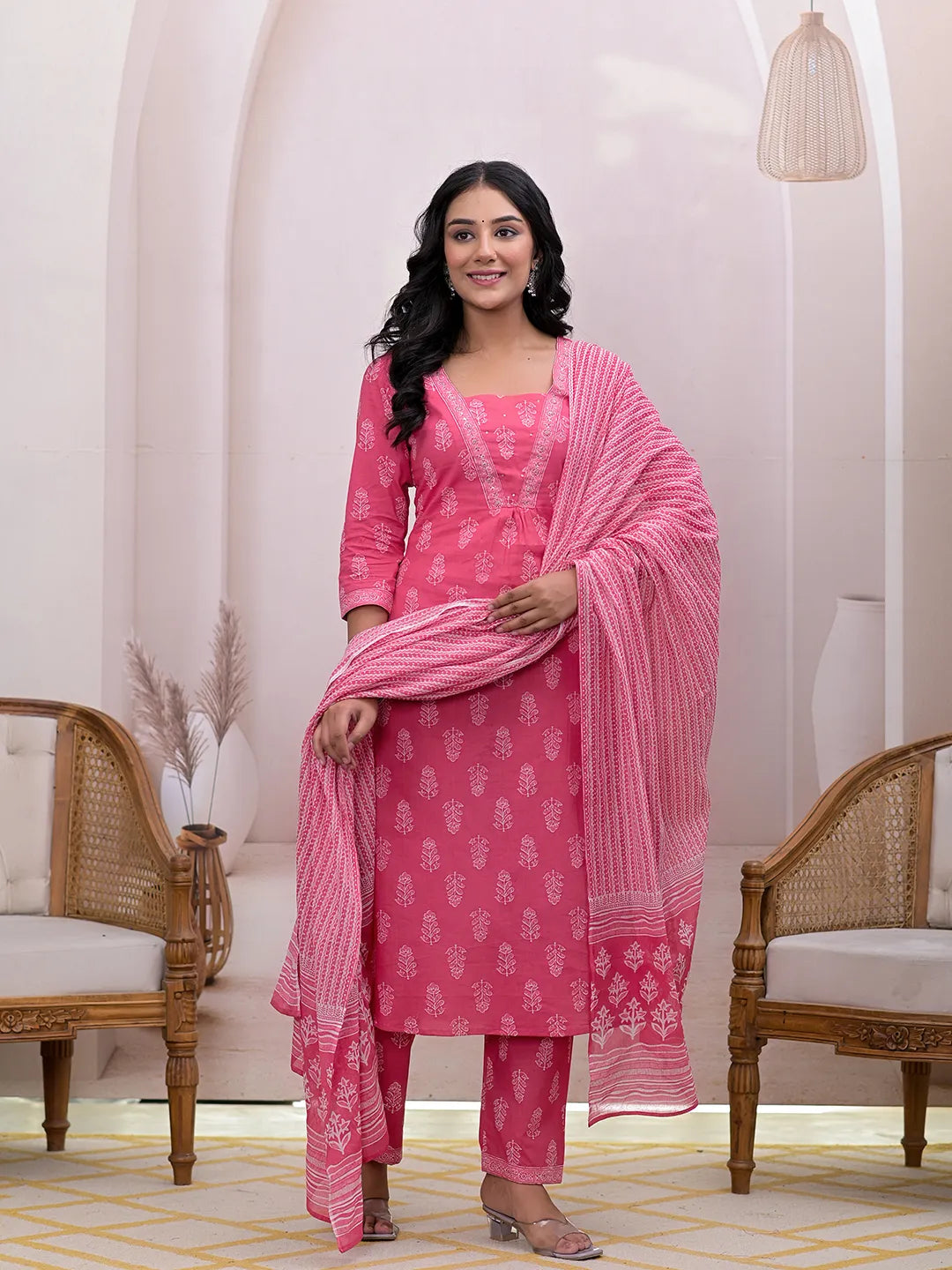 Pink Floral Cotton A-Line Suit Set-Yufta Store-7004SKDPKS