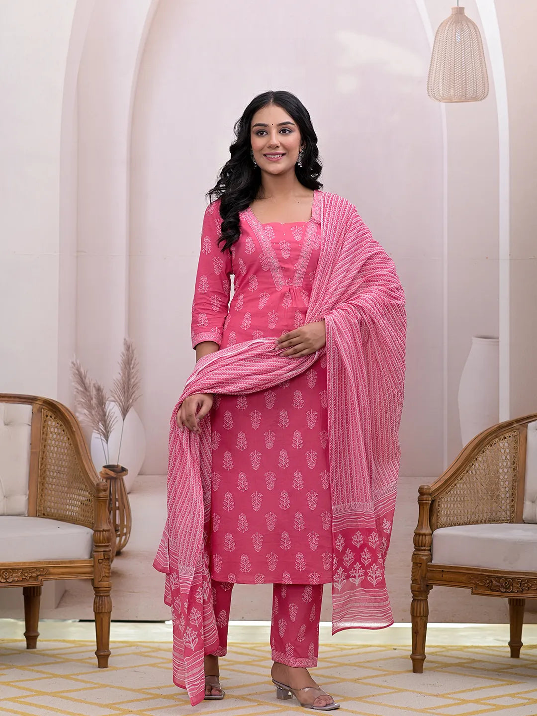Pink Floral Cotton A Line Suit Set – Yufta Store