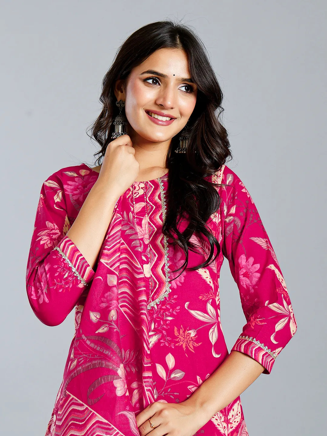 Pink Floral Cotton Straight Kantha Work Kurta Trouser Dupatta Set