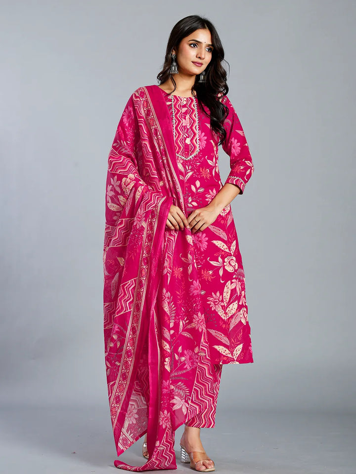 Pink Floral Cotton Straight Kantha Work Kurta Trouser Dupatta Set