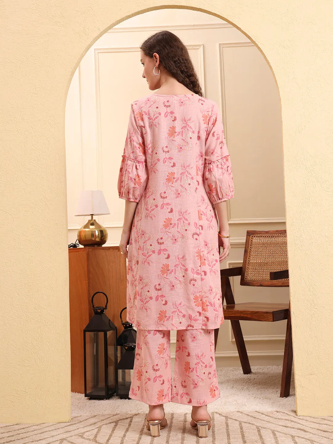 Pink Floral Print A-Line Kurta Trouser Set Kurta Design Show Botton And Piping-Yufta Store-6635SETPKM