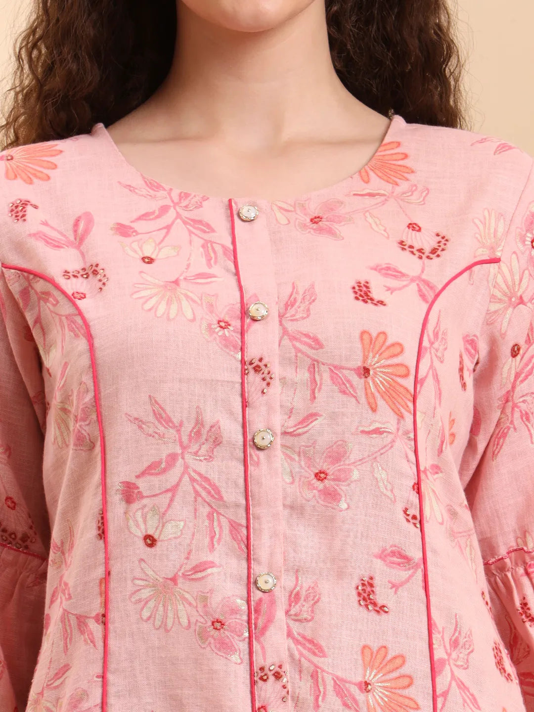 Pink Floral Print A-Line Kurta Trouser Set Kurta Design Show Botton And Piping-Yufta Store-6635SETPKM