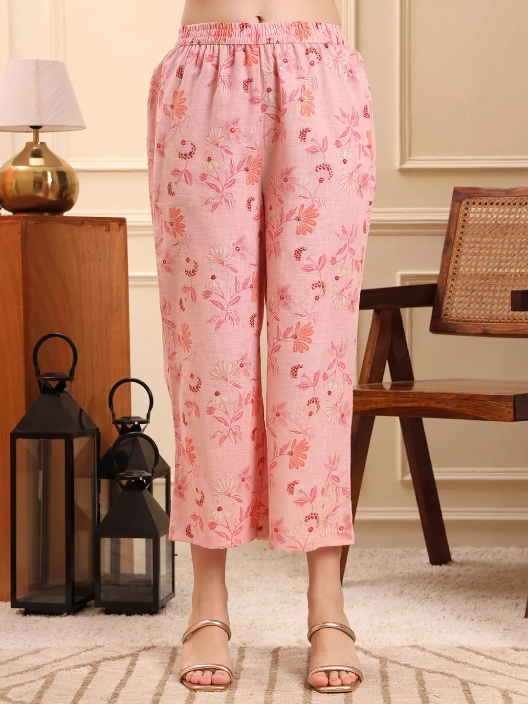 Pink Floral Print A-Line Kurta Trouser Set Kurta Design Show Botton And Piping-Yufta Store-6635SETPKM