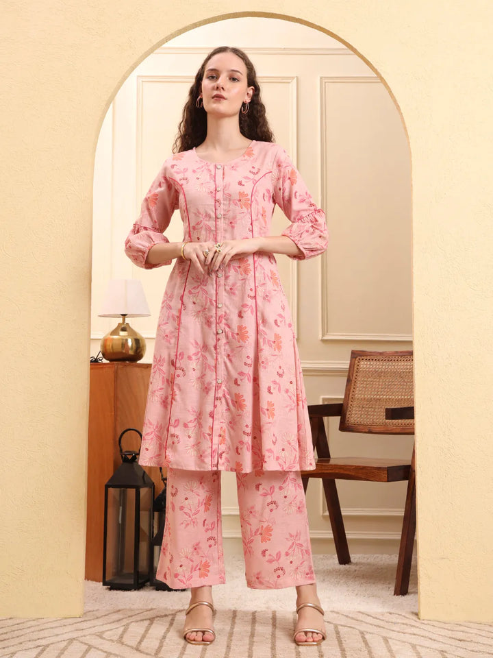 Pink Floral Print A-Line Kurta Trouser Set Kurta Design Show Botton And Piping-Yufta Store-6635SETPKM