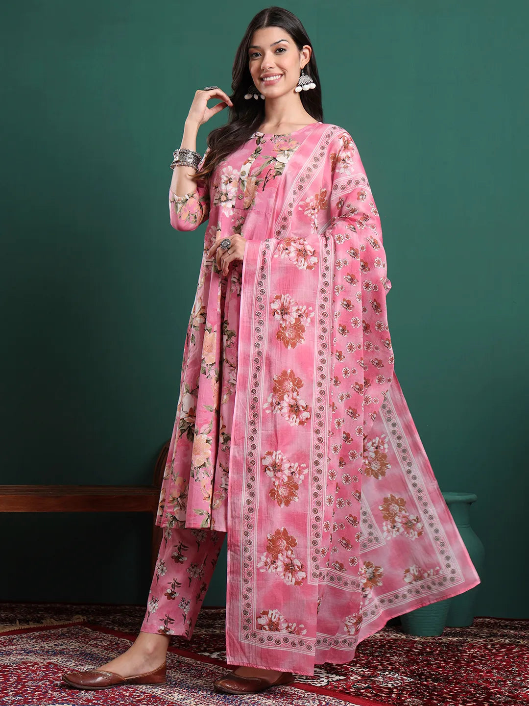 Pink Floral Print A-Line Maternity Kurta Trouser Dupatta Set
