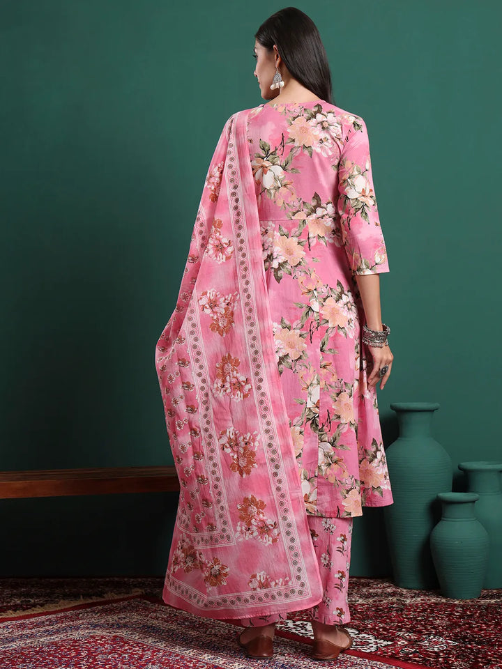 Pink Floral Print A-Line Maternity Kurta Trouser Dupatta Set