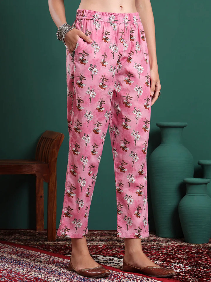 Pink Floral Print A-Line Maternity Kurta Trouser Dupatta Set