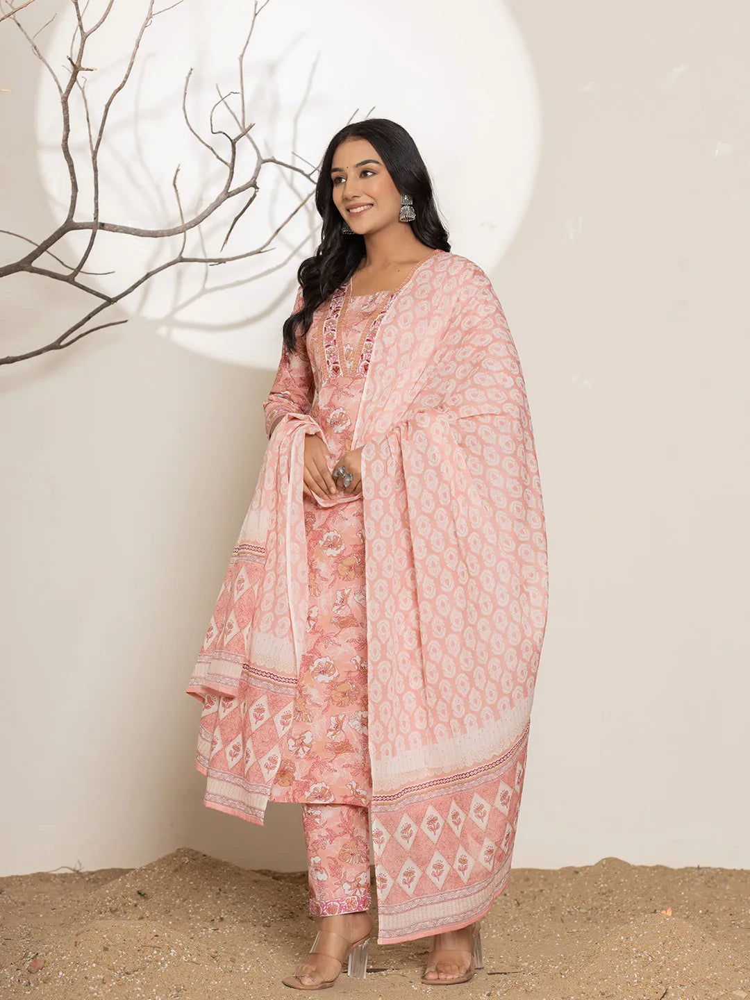 Pink Floral Print Cotton Straight Kurta And Trouser With Dupatta Set