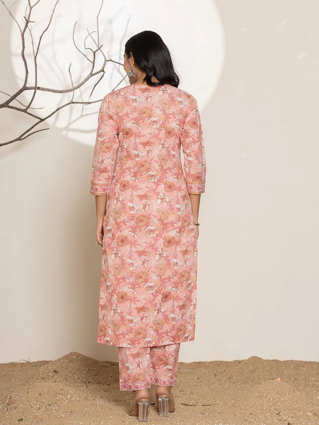 Pink Floral Print Cotton Straight Kurta And Trouser With Dupatta Set