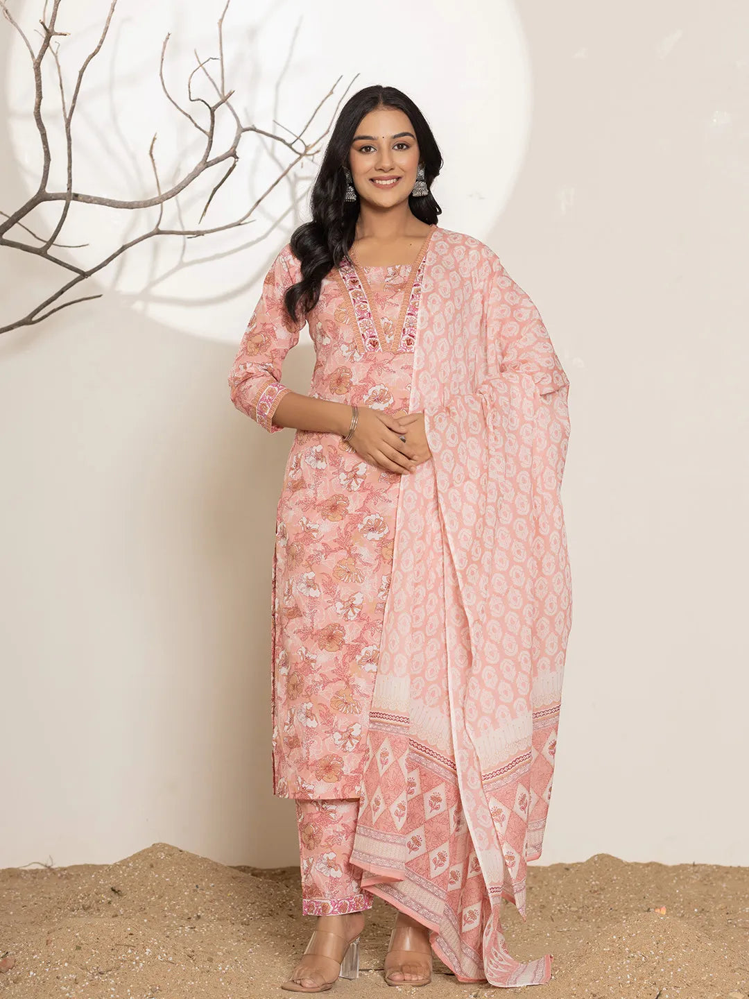 Pink Floral Print Cotton Straight Kurta Dupatta Set-Yufta Store-7006SKDPKS