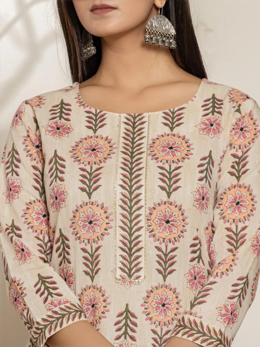 Pink Floral Print Cotton Straight Samosa-Lace Kurta And Trouser With Dupatta Set
