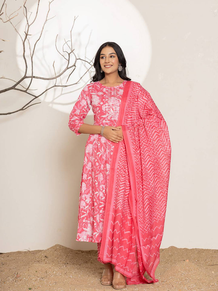 Pink Floral Print Embroidery Cotton Anarkali Suit Set-Yufta Store-6996SKDPKS