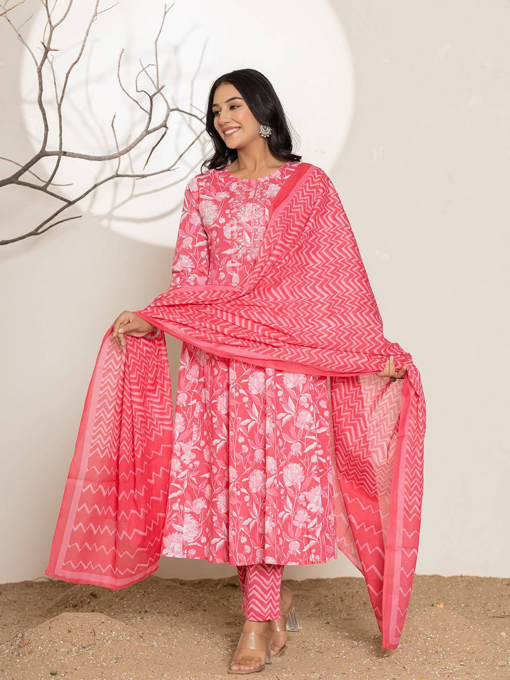 Pink Floral Print Embroidery Cotton Anarkali Suit Set-Yufta Store-6996SKDPKS