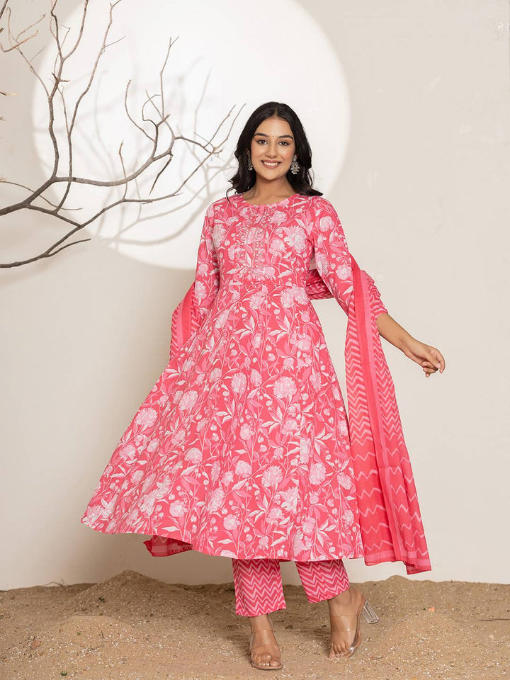 Pink Floral Print Embroidery Cotton Anarkali Suit Set-Yufta Store-6996SKDPKS