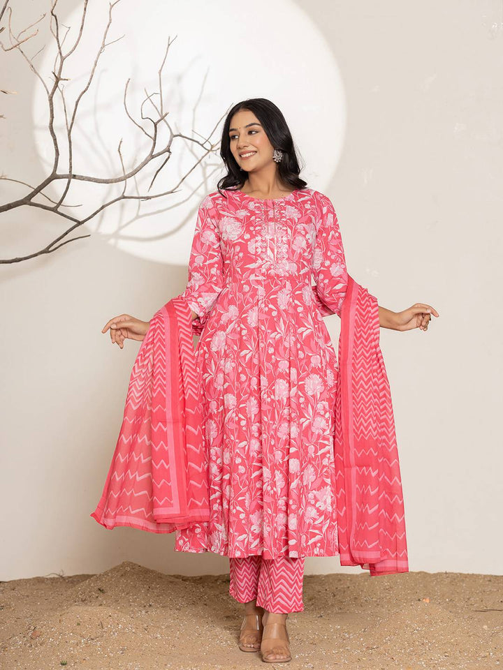 Pink Floral Print Embroidery Cotton Anarkali Suit Set-Yufta Store-6996SKDPKS