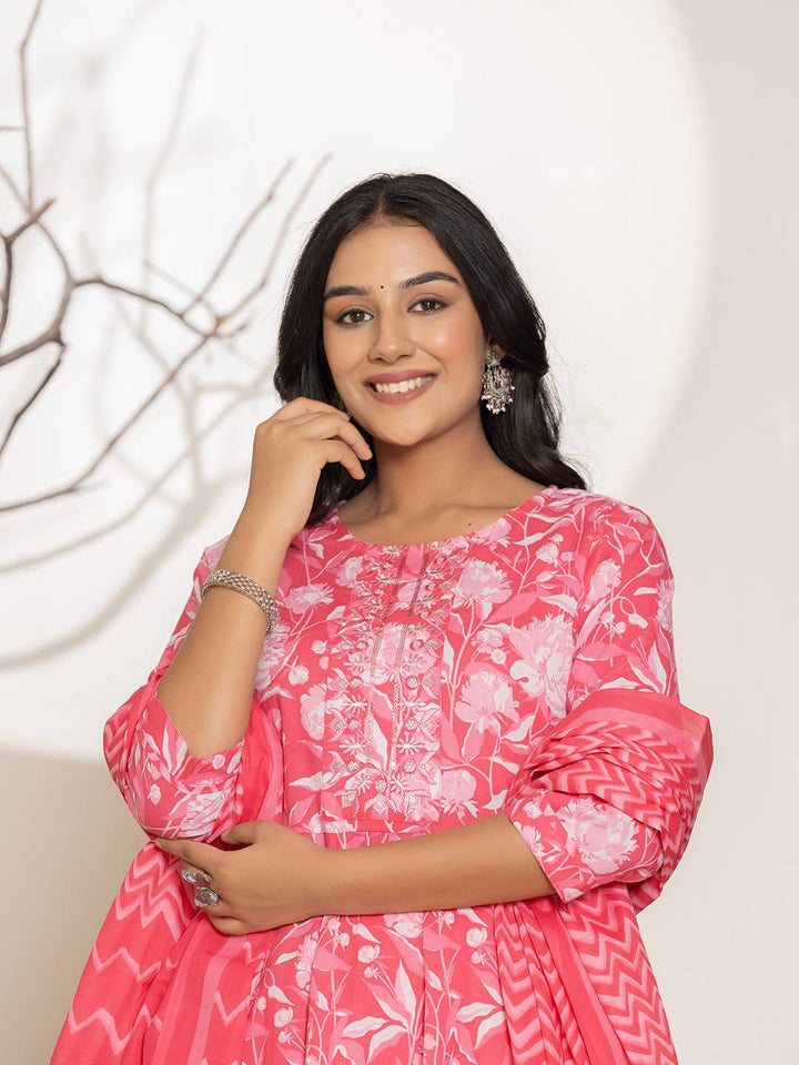 Pink Floral Print Embroidery Cotton Anarkali Suit Set-Yufta Store-6996SKDPKS