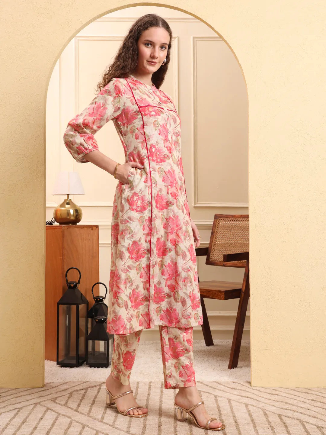 Pink Floral Print Linen A-Line Kurta Trouser Set-Yufta Store-6561SETPKM