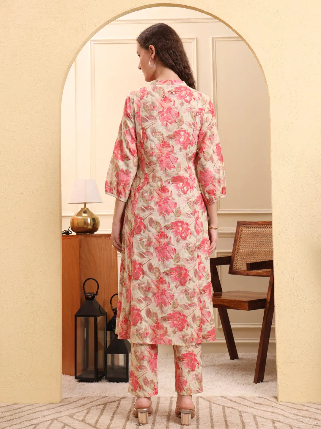 Pink Floral Print Linen A-Line Kurta Trouser Set-Yufta Store-6561SETPKM