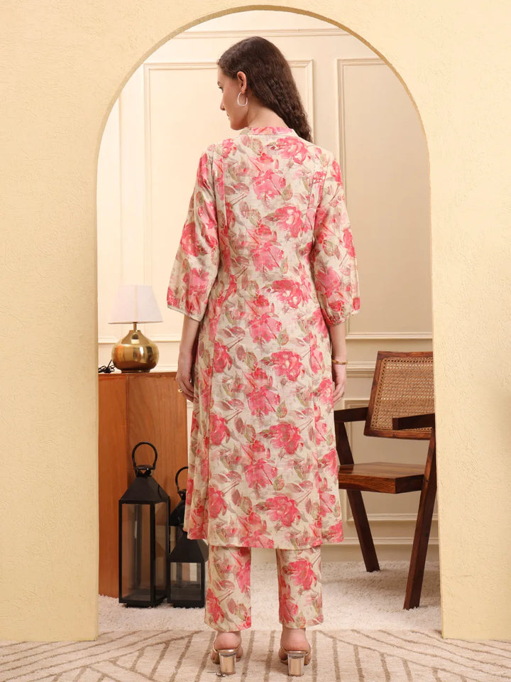 Pink Floral Print Linen A-Line Kurta Trouser Set-Yufta Store-6561SETPKM
