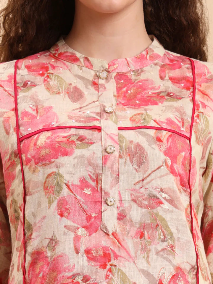 Pink Floral Print Linen A-Line Kurta Trouser Set-Yufta Store-6561SETPKM