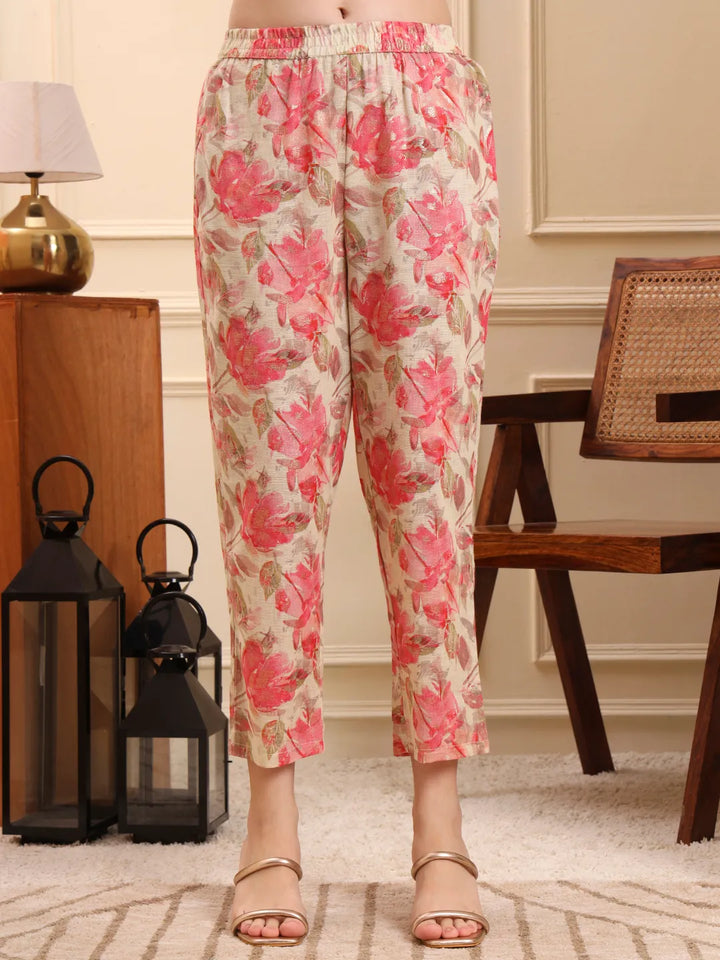 Pink Floral Print Linen A-Line Kurta Trouser Set-Yufta Store-6561SETPKM