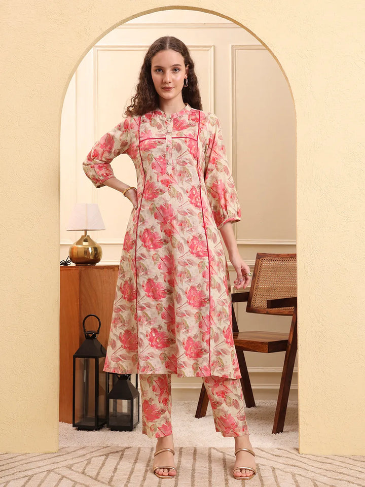 Pink Floral Print Linen A-Line Kurta Trouser Set-Yufta Store-6561SETPKM