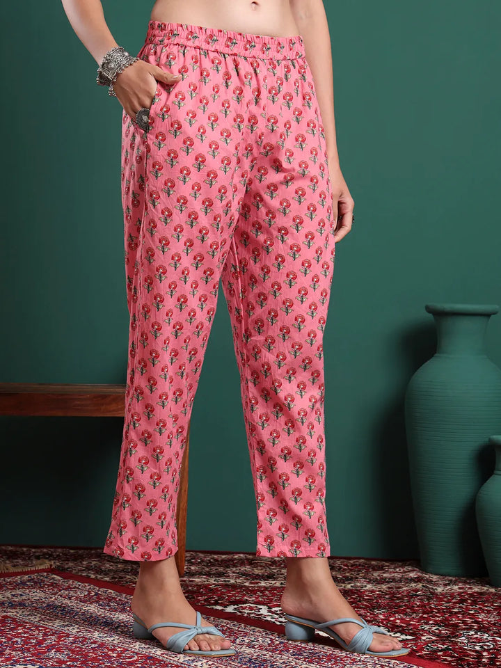 Pink Floral Print Maternity A-Line Kurta Trouser Dupatta Set