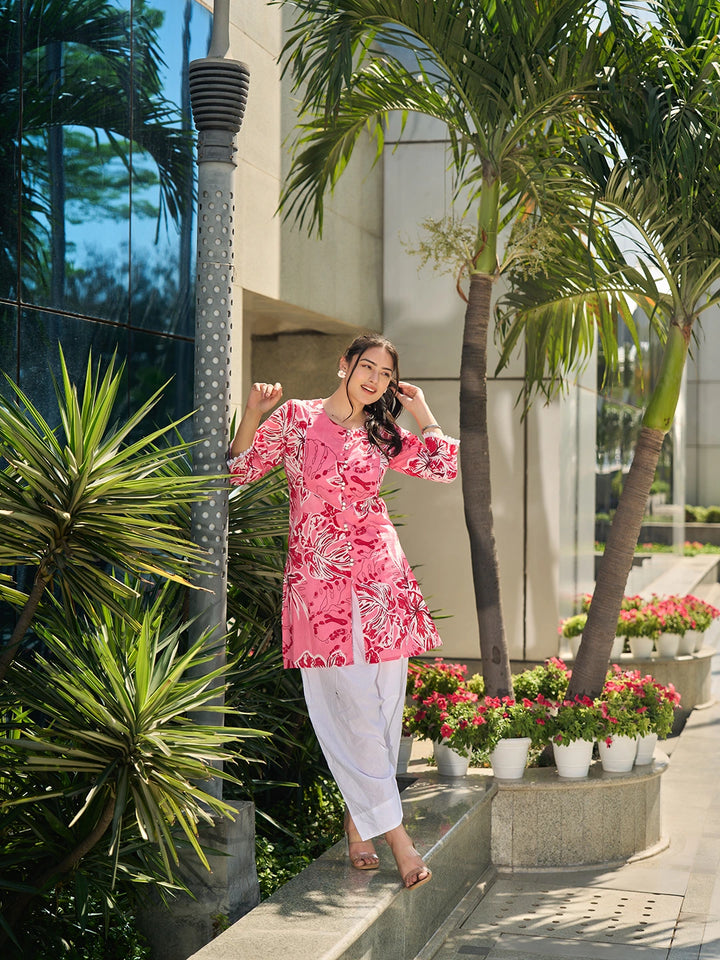 Pink Floral Print This Tunic Salwar Co-Ord Set-Yufta Store-7576CRDPKM