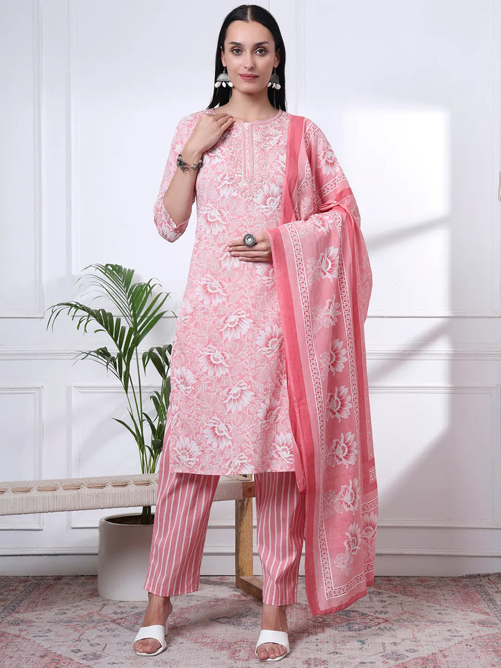 Pink Floral Print Thread Work Straight Kurta Trouser Dupatta Set
