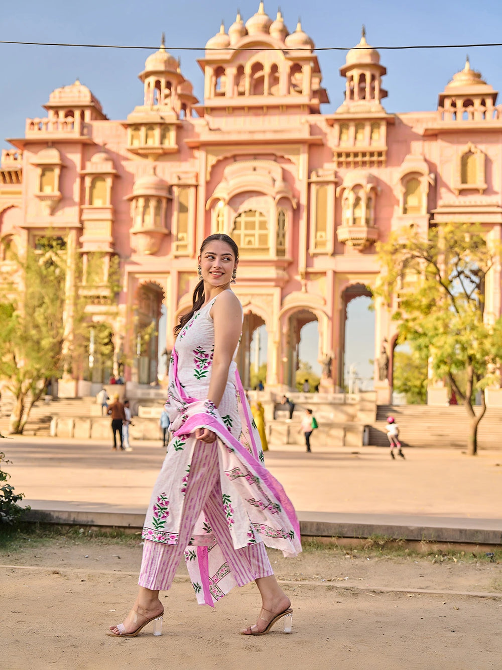 Pink Floral Straight Kurta Trouser Dupatta Set-Yufta Store-7542SKDPKS