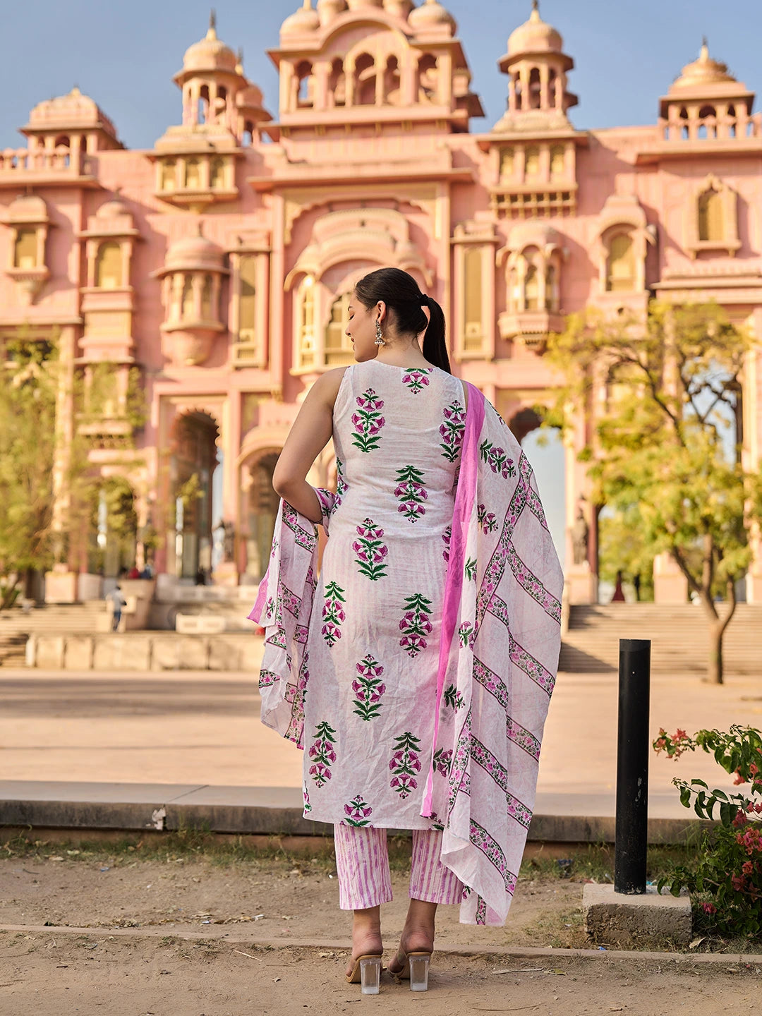 Pink Floral Straight Kurta Trouser Dupatta Set-Yufta Store-7542SKDPKS