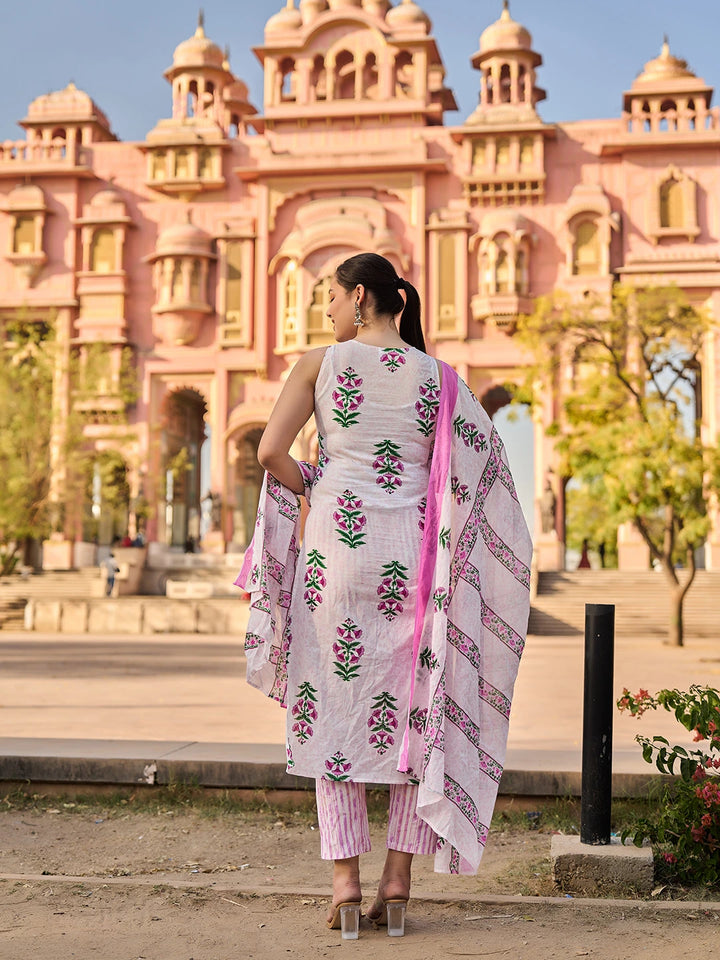 Pink Floral Straight Kurta Trouser Dupatta Set-Yufta Store-7542SKDPKS