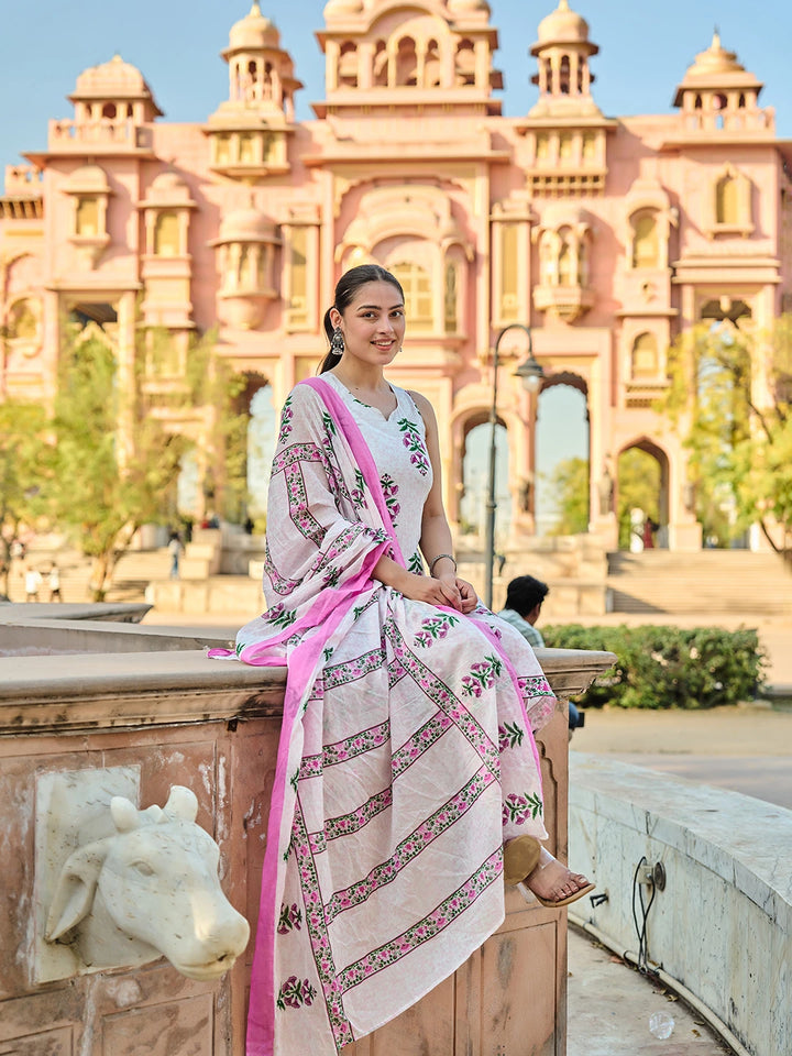 Pink Floral Straight Kurta Trouser Dupatta Set-Yufta Store-7542SKDPKS