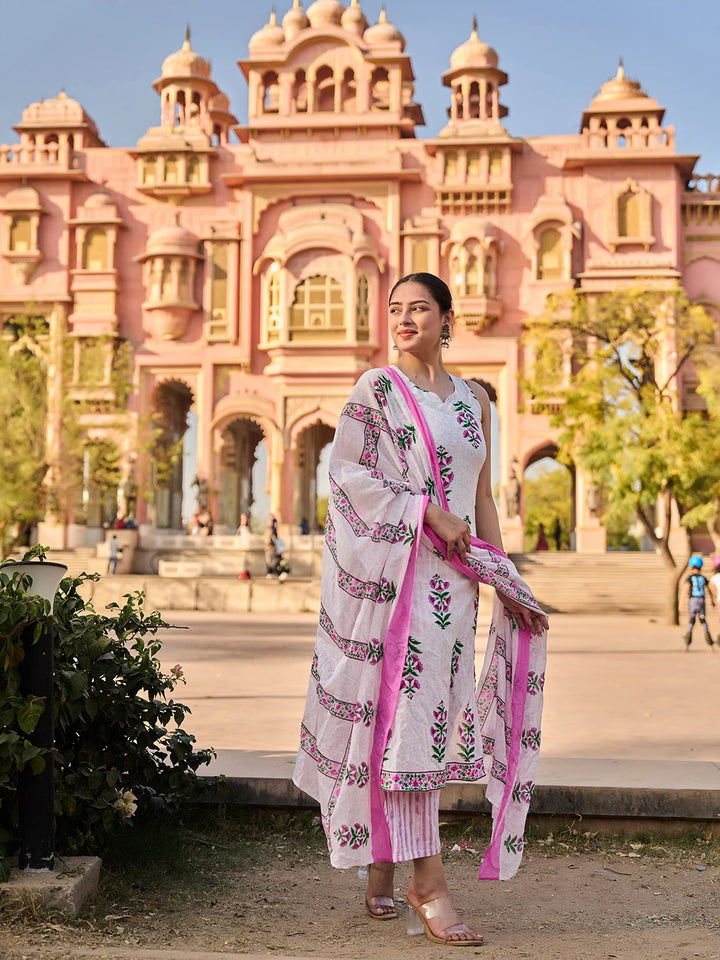 Pink Floral Straight Kurta Trouser Dupatta Set-Yufta Store-7542SKDPKS