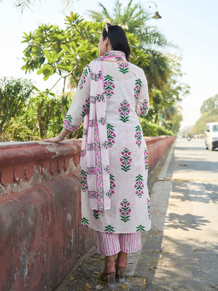 Pink Floral Straight Kurta Trouser Dupatta Set-Yufta Store-7568SKDPKM