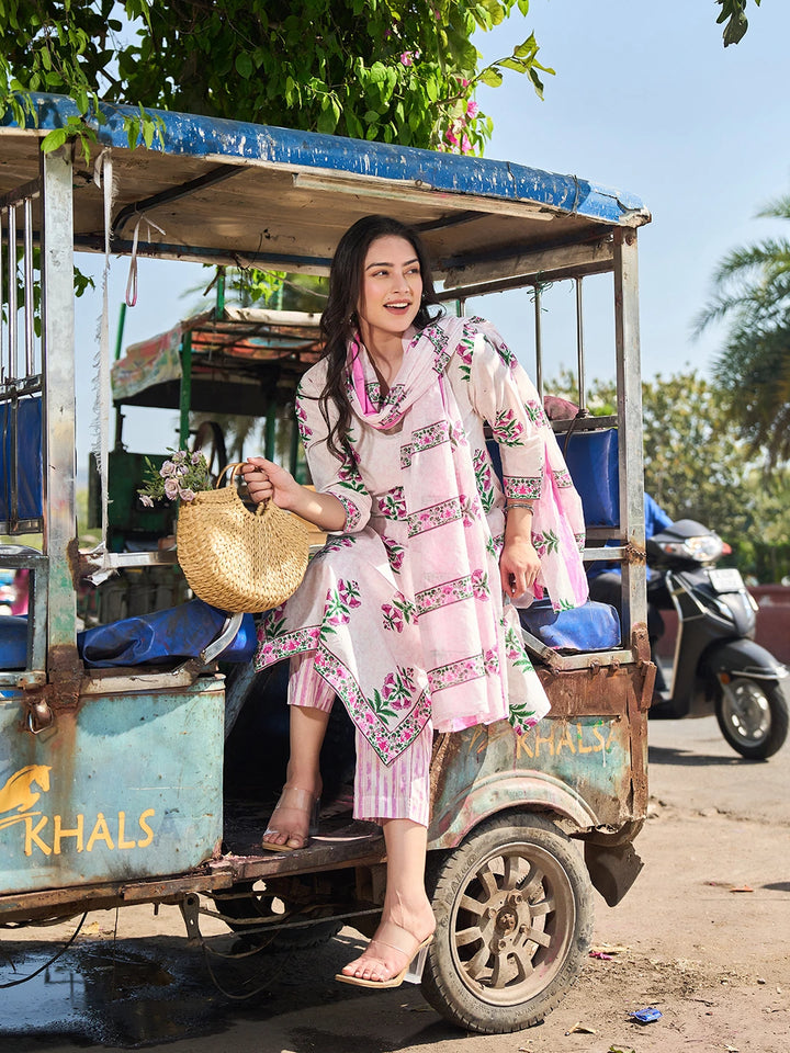 Pink Floral Straight Kurta Trouser Dupatta Set-Yufta Store-7568SKDPKM