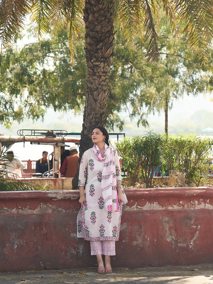 Pink Floral Straight Kurta Trouser Dupatta Set-Yufta Store-7568SKDPKM
