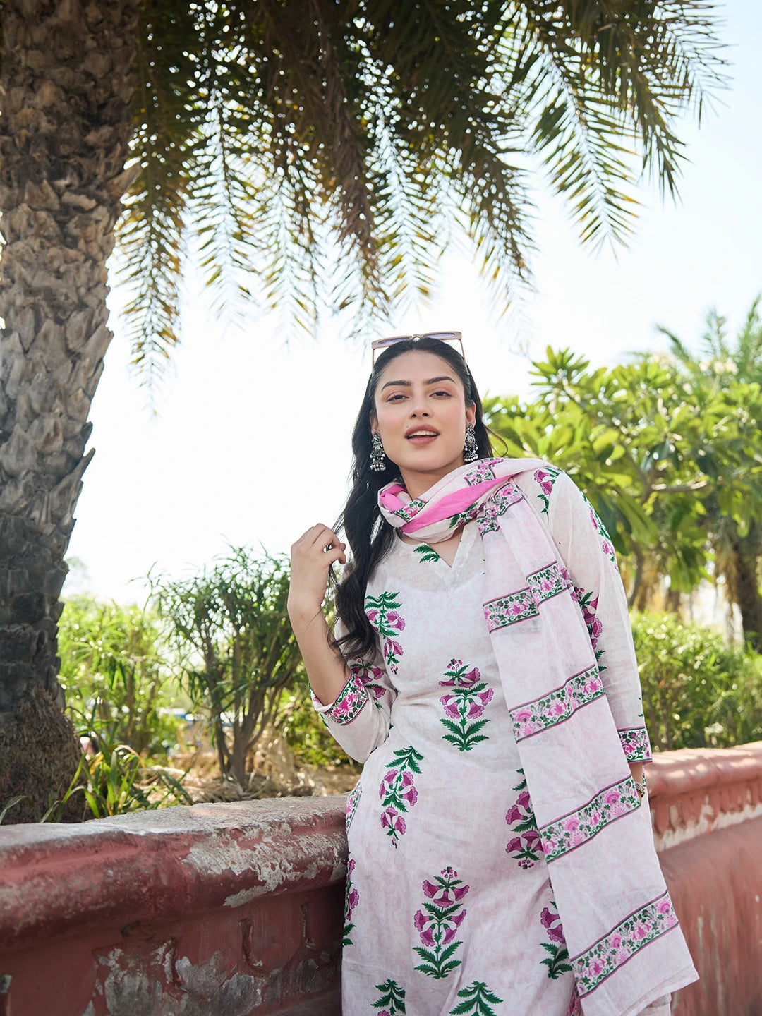 Pink Floral Straight Kurta Trouser Dupatta Set-Yufta Store-7568SKDPKM