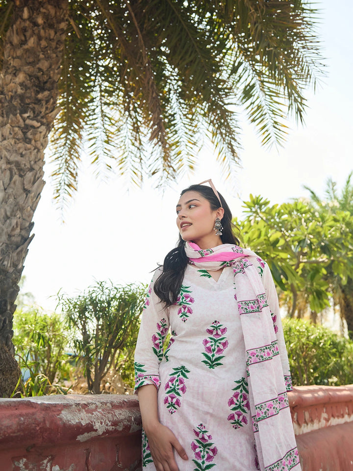 Pink Floral Straight Kurta Trouser Dupatta Set-Yufta Store-7568SKDPKM