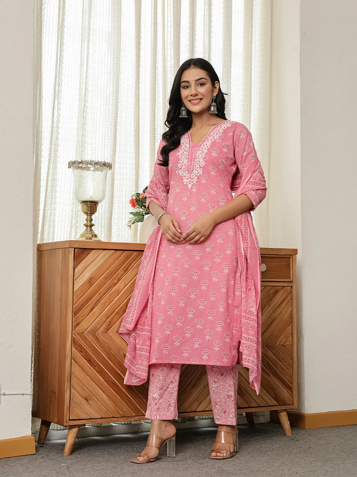 Pink Floral Thread Work Straight Kurta Trouser Dupatta Set-Yufta Store-6539SKDPKM