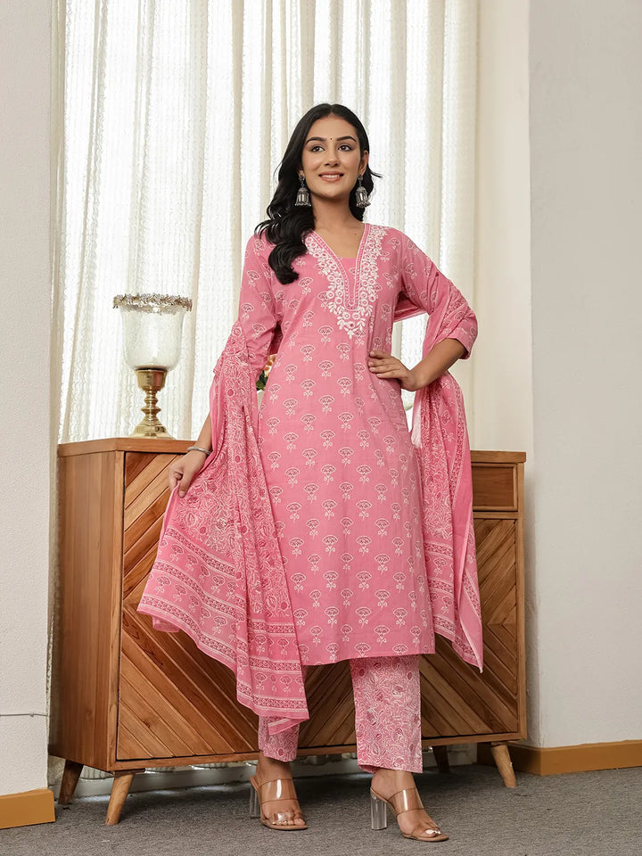 Pink Floral Thread Work Straight Kurta Trouser Dupatta Set-Yufta Store-6539SKDPKM