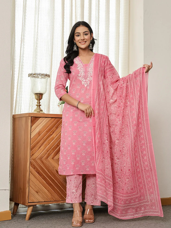 Pink Floral Thread Work Straight Kurta Trouser Dupatta Set-Yufta Store-6539SKDPKM