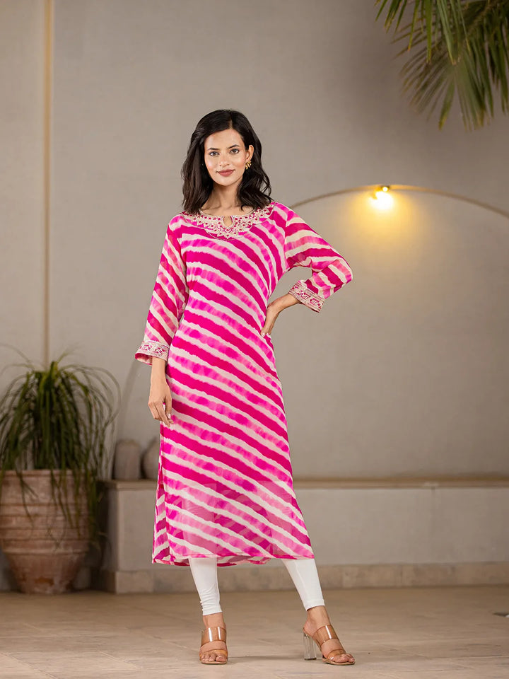 Pink Georgette Lehriya Embroidery Kurta-Yufta Store-1772KURPKS